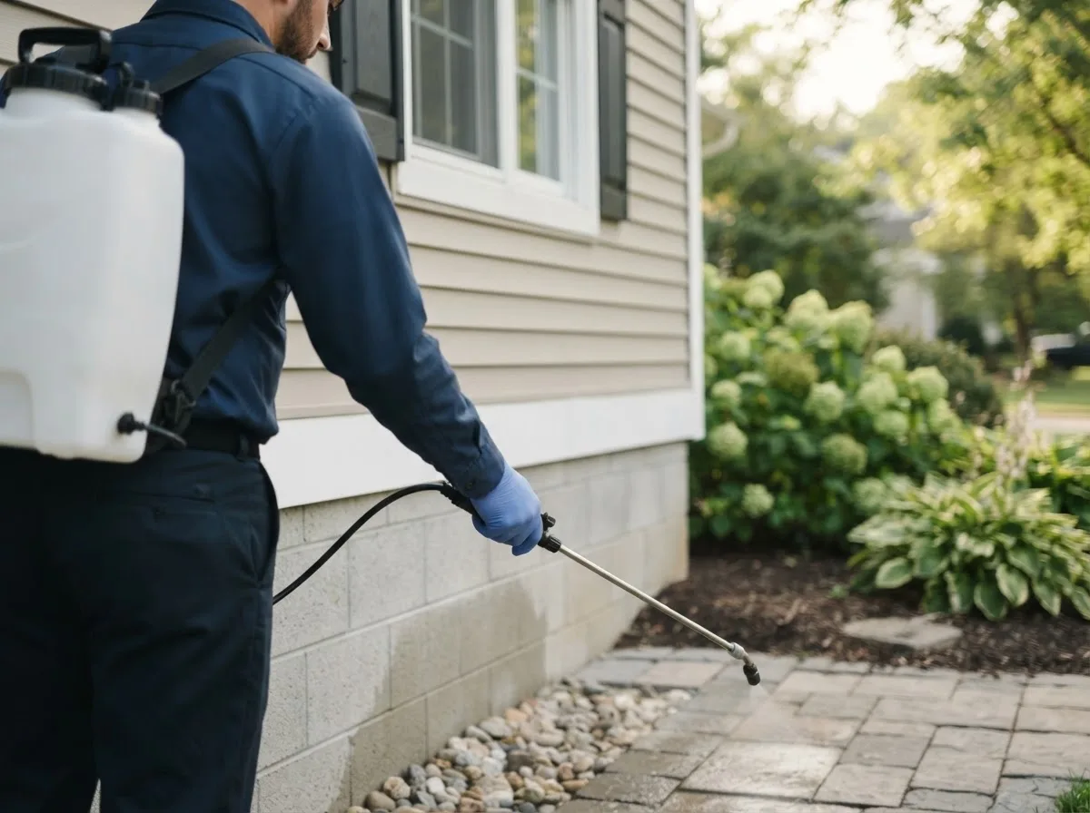 Pest control technician inspecting a home in Broaddus, TX